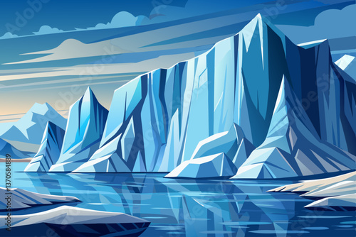 Towering Ice Cliffs landscape over a frozen sea with misty atmosphere, Highly detailed vector illustration