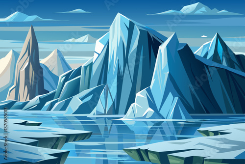 Towering Ice Cliffs landscape over a frozen sea with misty atmosphere, Highly detailed vector illustration