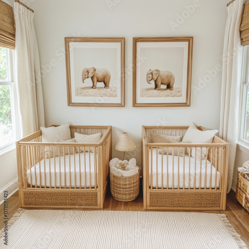 beautifully designed nursery featuring two wooden cribs with soft bedding, adorned with elephant themed artwork walls. warm, neutral tones create cozy and inviting atmosphere, perfect for child