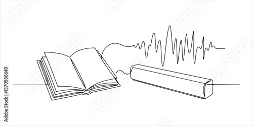 audiobook online open book and soundbar with voices wave single line art drawing sketch on white background