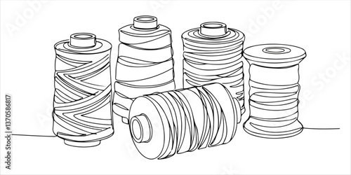 Spools of thread single line art drawing sketch on white background