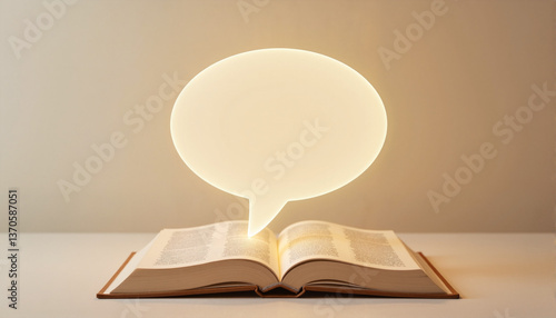 Illuminated speech bubble above an open book on a neutral background for blogs, websites, educational content, literacy campaigns, digital communication themes, and artistic designs