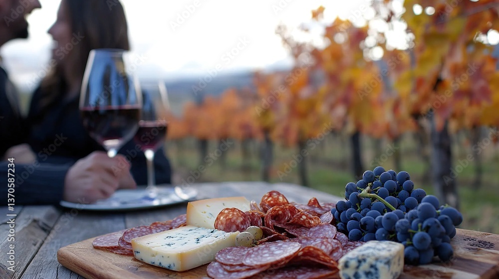 Fototapeta premium Wine and cheese picnic enjoyed by couple in autumn vineyard setting