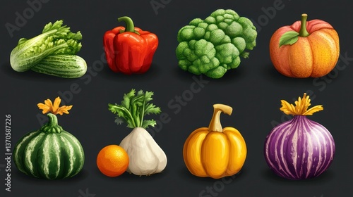 Colorful illustration of assorted vegetables and fruits on a dark backdrop.