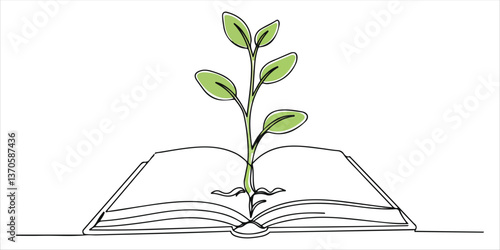 Opened book with sprout plant single line art drawing sketch on white background