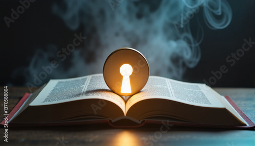 Illuminated keyhole on an open book surrounded by smoke for blogs, websites, educational content, literary-themed designs, and creative illustrations about discovery and secrets