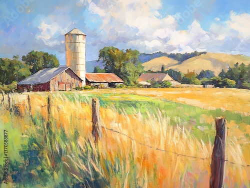 Beautiful rural landscape with a farm and hills.