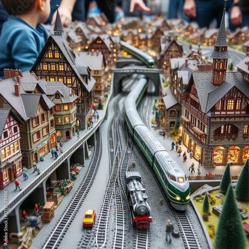 A warm, cozy playroom with a detailed toy train setup. The tracks weave through small buildings and trees, and the train has tiny lights. A child kneels nearby, watching in fascination. Soft sunlight 