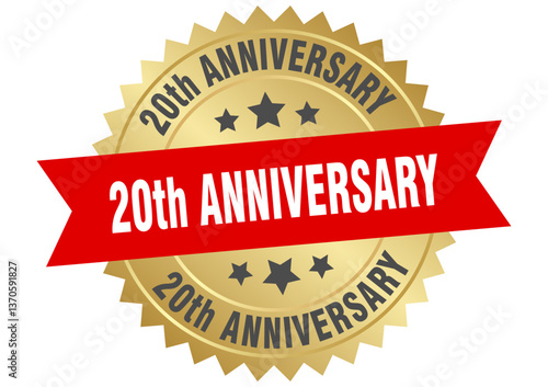 20th anniversary. 20th anniversary round red and gold label isolated on transparent background