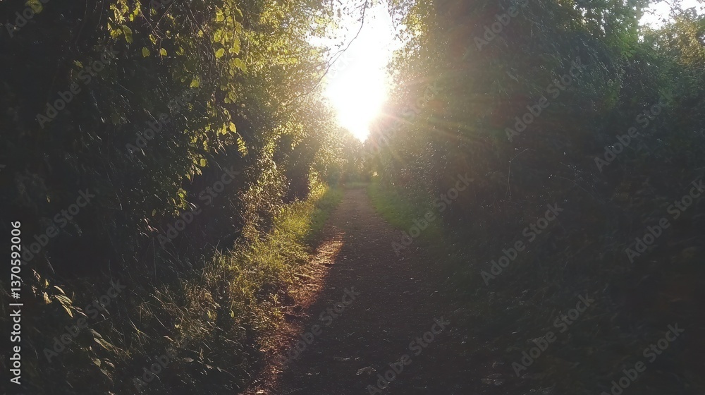 Sunlight shines down a path through the green wooded trail Sunlight shines down a path through the green wooded trail