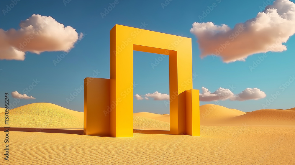 Yellow door standing in the middle of a desert under cloudy sky Yellow door standing in the middle of a desert under cloudy sky
