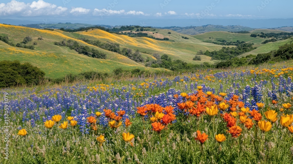 Rolling green hills covered with vibrant colorful wildflowers bloom Rolling green hills covered with vibrant colorful wildflowers bloom