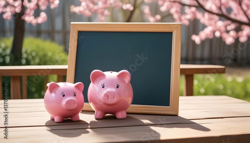 Saving Goals: Two pink piggy banks rest invitingly on a wooden table, accompanied by a chalkboard for notes, all under a backdrop of blooming spring flowers and sunshine.