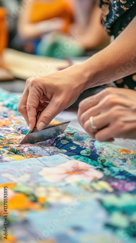 Person carefully cutting fabric with a sharp rotary cutter tool