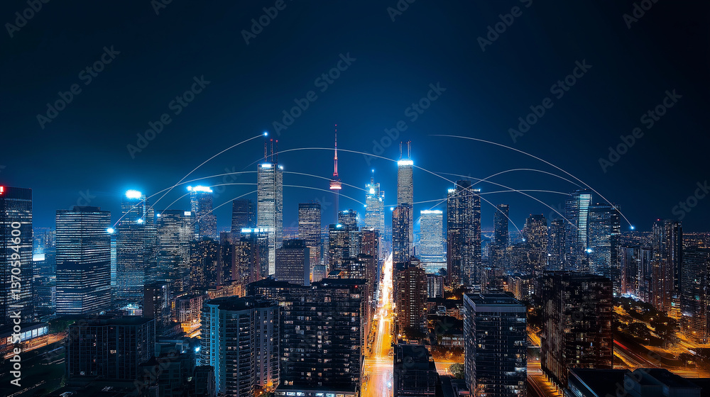 Naklejka premium Futuristic network connecting buildings in illuminated toronto skyline at night