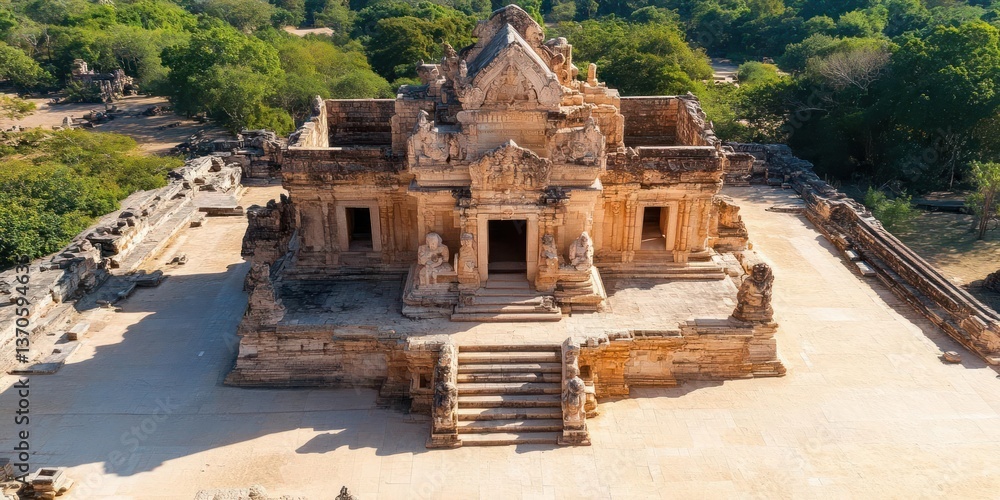 Aerial view of ancient stone temple with stairs surrounded by lush green trees and clear sky in daylight