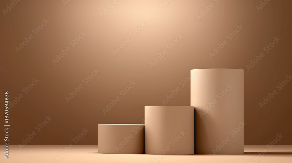 Three empty cylinder podiums creating ascending steps on brown background Three empty cylinder podiums creating ascending steps on brown background