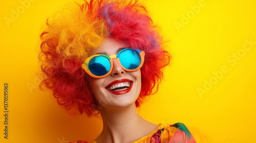 Wallpaper Mural Woman in Colorful Wig and Sunglasses Laughing on Bright Yellow Background Torontodigital.ca