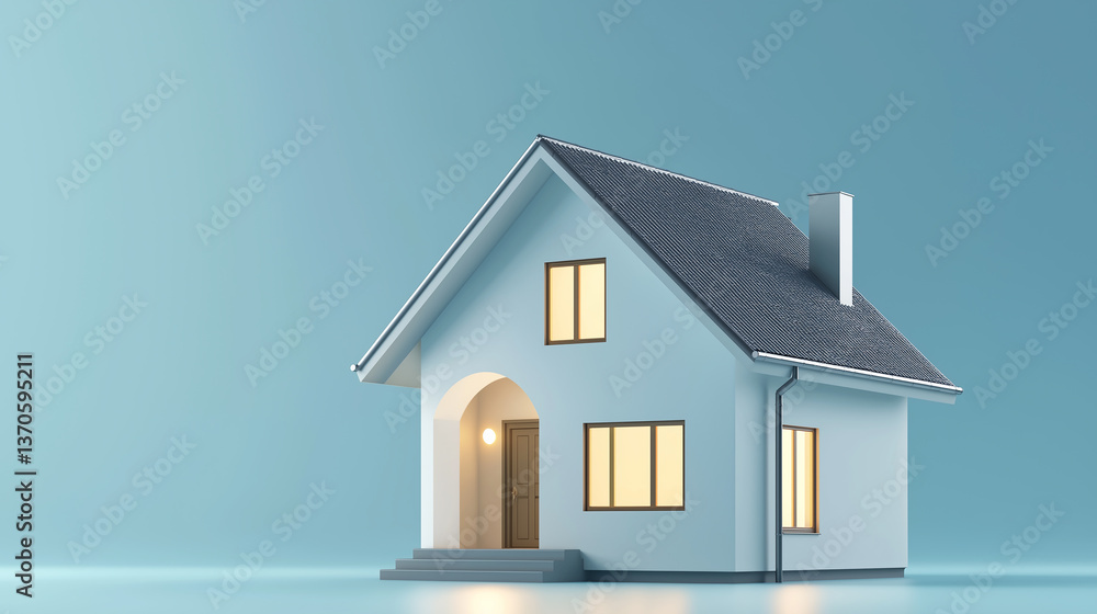 Modern minimalist house standing on blue background with lights on Modern minimalist house standing on blue background with lights on