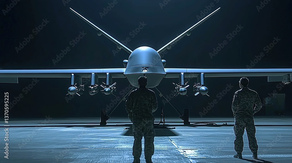 Soldiers stand before a large drone in a dark hangar setting