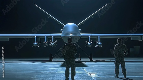 Obraz na płótnie Soldiers stand before a large drone in a dark hangar setting w salonie