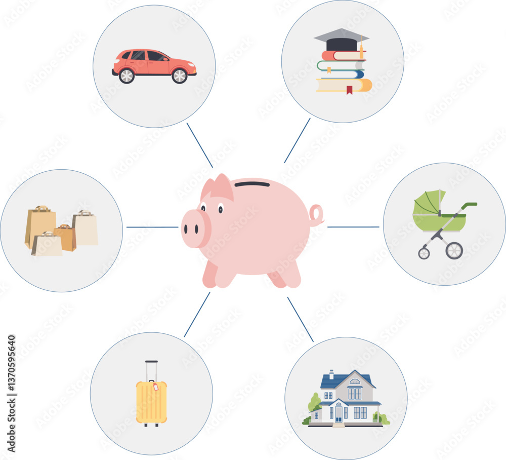 Financial planning concept with piggy bank. Savings. Thoughts on what to spend the money. Hand drawn vector illustration. Financial planning concept with piggy bank. Savings. Thoughts on what to spend the money. Hand drawn vector illustration.