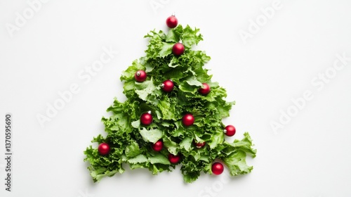 A creative Christmas tree made from fresh green lettuce and vibrant red ornaments. Celebrate the holidays with a unique and healthy twist. Generative AI