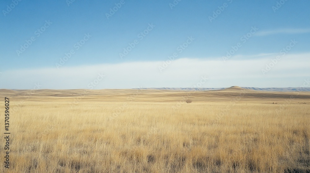 Expansive prairie landscape with sky and dry golden grasses Expansive prairie landscape with sky and dry golden grasses