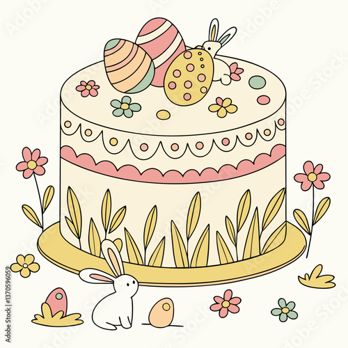 Easter cake with eggs, bunny, and flowers