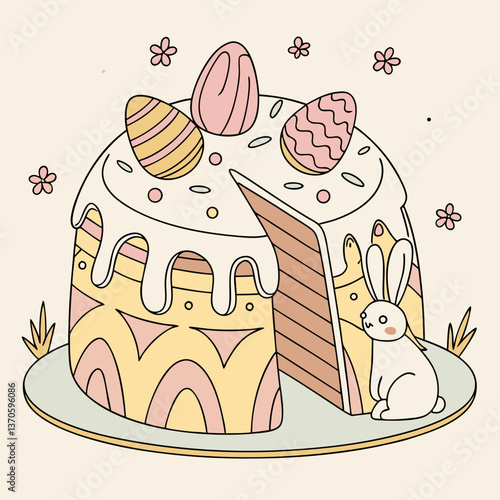 Easter cake with eggs, bunny, and flowers