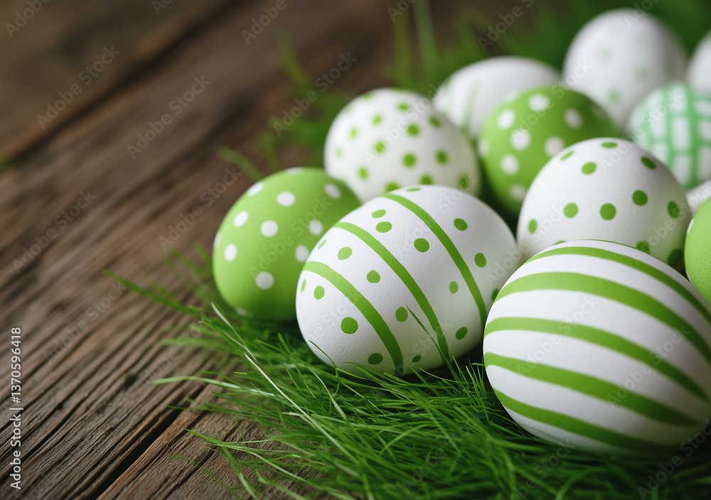 Fototapeta premium Easter eggs with green and white patterns arranged on a wooden surface with artificial grass.