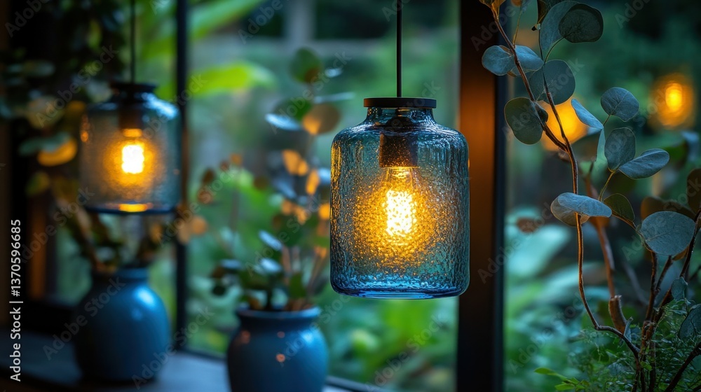 Rustic, teal glass pendant light illuminating a window garden