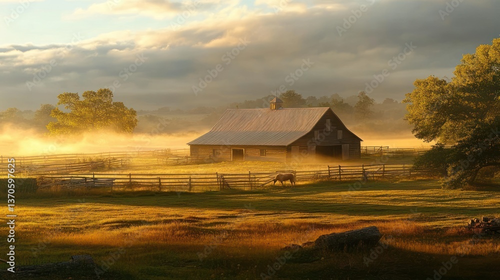 A rustic barn stands on a field in a morning landscape A rustic barn stands on a field in a morning landscape