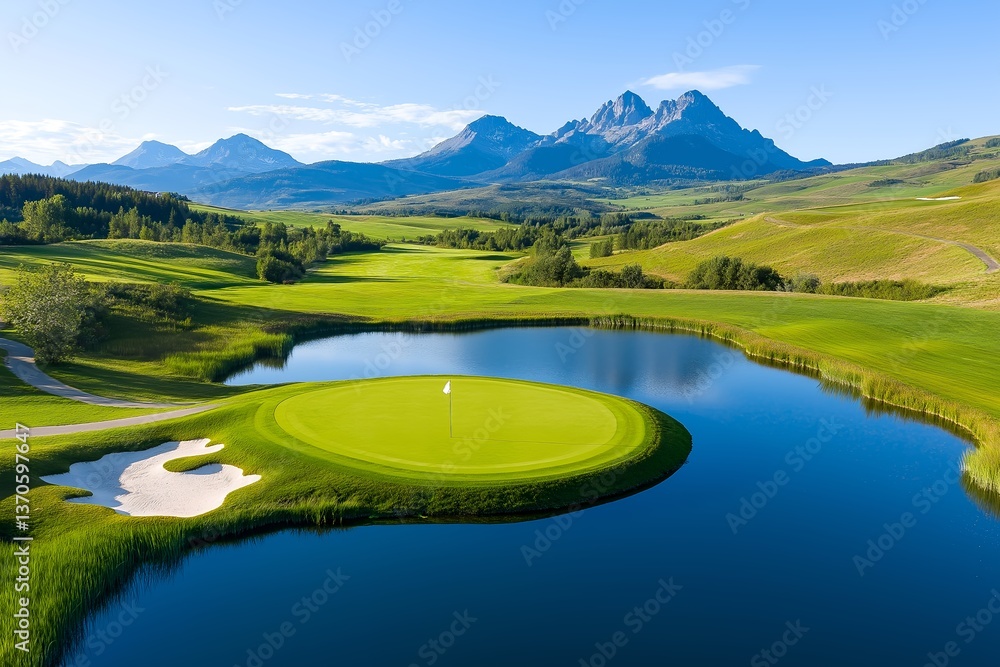 Fototapeta premium Top-Down Drone View of Golf Course Island Green Surrounded by Reflective Lake, Sand Bunkers, Fairways, and Mountain Peaks, Scenic Golfing Landscape, Challenging Play
