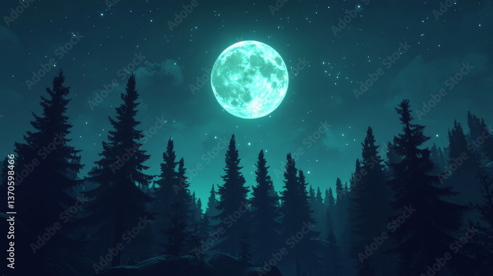 Fototapeta premium Full moon in night sky. Dark forest landscape with black silhouettes of trees. Vector cartoon illustration of coniferous woods in moonlight and glowing white circle in sky