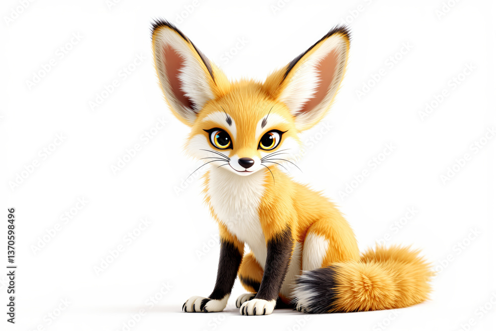 Fototapeta premium Cute stylized fennec fox with large ears and bright eyes sitting on a white background.