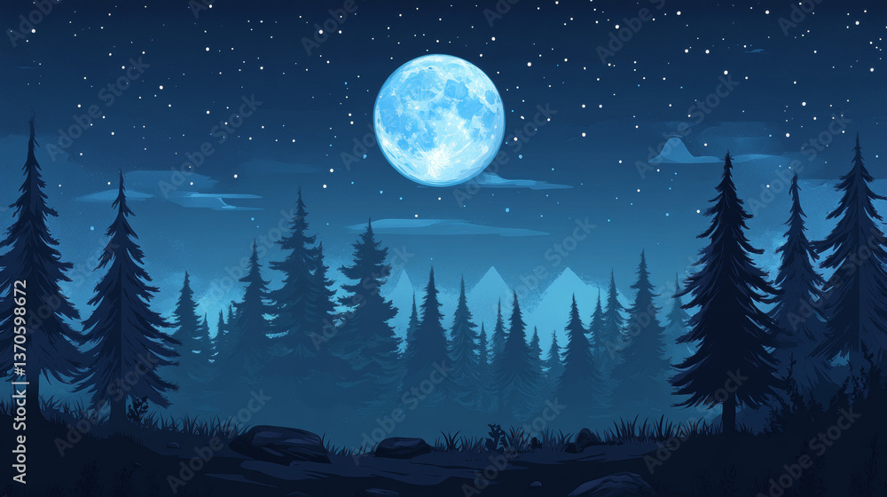 Fototapeta premium Full moon in night sky. Dark forest landscape with black silhouettes of trees. Vector cartoon illustration of coniferous woods in moonlight and glowing white circle in sky