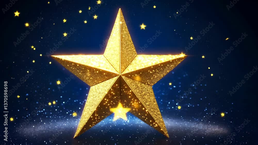 Golden star shines brightly in dark night sky creating a magical atmosphere with sparkling lights Golden star shines brightly in dark night sky creating a magical atmosphere with sparkling lights