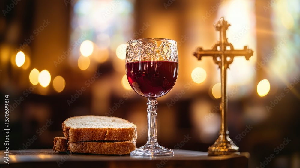 Wine and Bread with Cross Representing Christian Communion Ceremony Wine and Bread with Cross Representing Christian Communion Ceremony