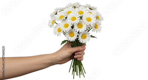 Tableau sur toile Isolated Hand Holding Bunch of White Daisies