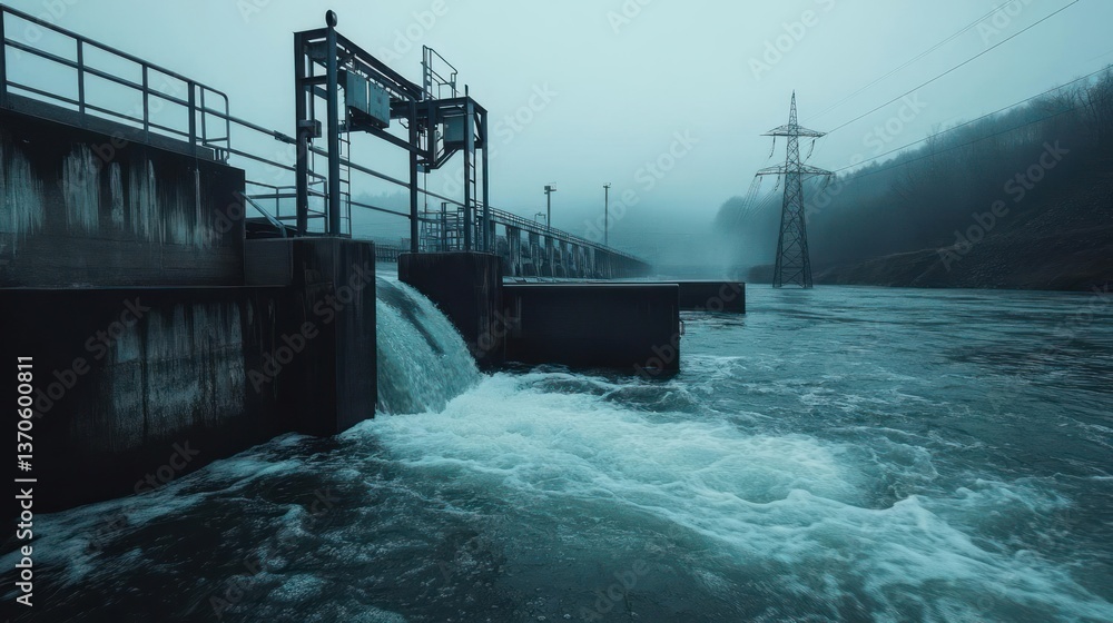 Generic structure releasing water into a river under overcast skies with electrical infrastructure visible in the background