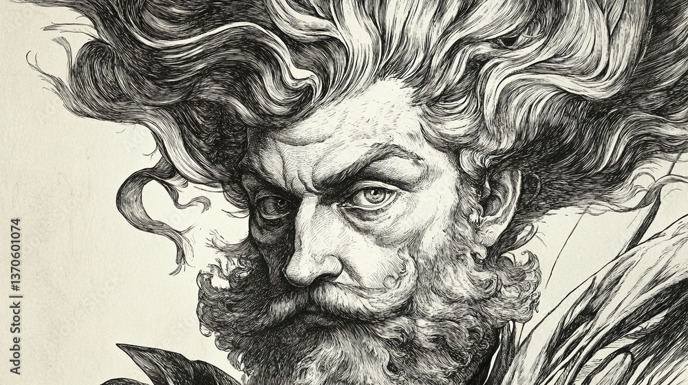Fototapeta premium Zeus: A powerful depiction of the Greek god Zeus, showcasing his majestic presence and divine aura. The portrait is a masterful display of artistry, evoking a sense of awe and reverence.