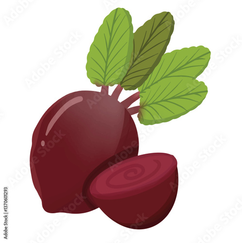 Minimalist vector of a whole beet with a sliced half, featuring bold red tones and fresh green leaves. The soft shading highlights its smooth and juicy texture.