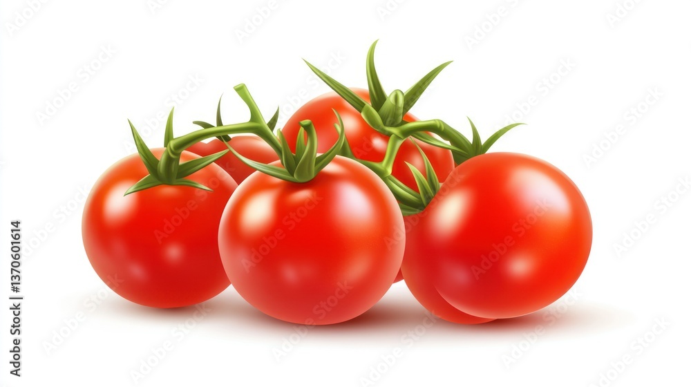 A cluster of ripe, red cherry tomatoes on the vine against a white background. A cluster of ripe, red cherry tomatoes on the vine against a white background.