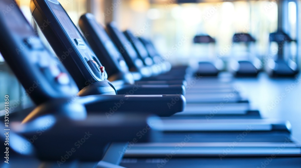 Row of Treadmills in Fitness Center Ready for Workout Session Row of Treadmills in Fitness Center Ready for Workout Session