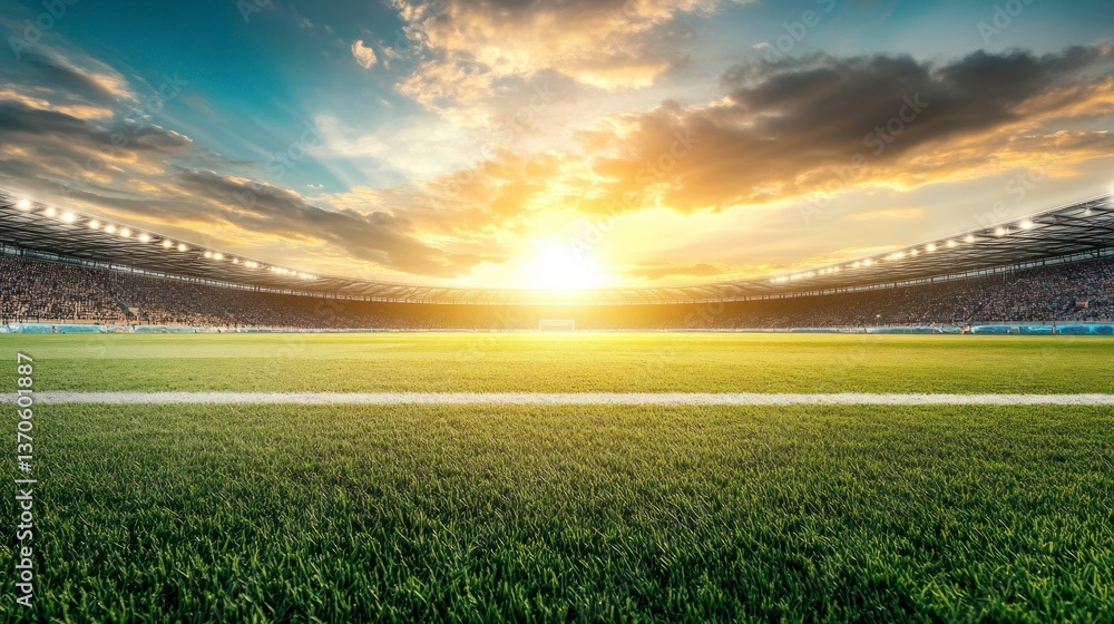 Fototapeta premium Soccer Field at Sunset with Stadium and Grass Close-up View