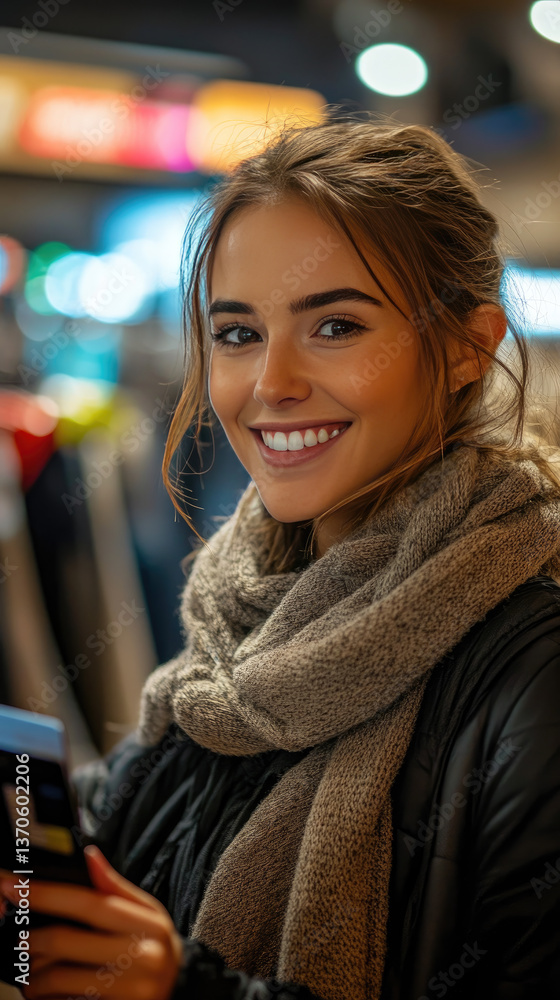 A young woman holding a credit card while smiling in a retail store with a blurred background. Vertical photography A young woman holding a credit card while smiling in a retail store with a blurred background. Vertical photography