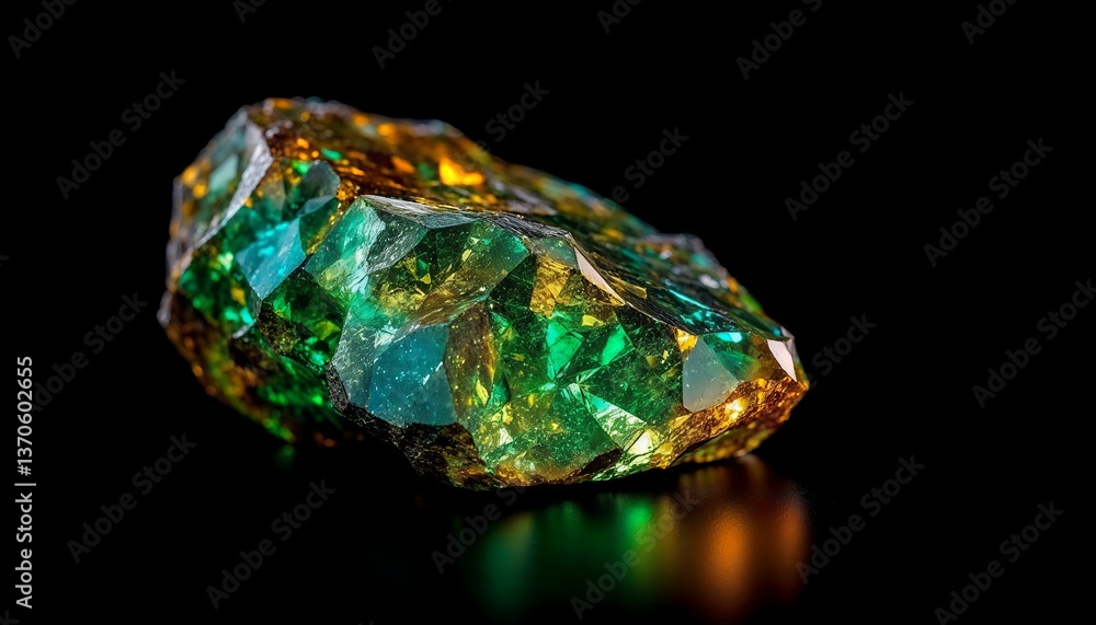 Gemstone Shimmering with Golden and Green Hues Against a Black Background Gemstone Shimmering with Golden and Green Hues Against a Black Background