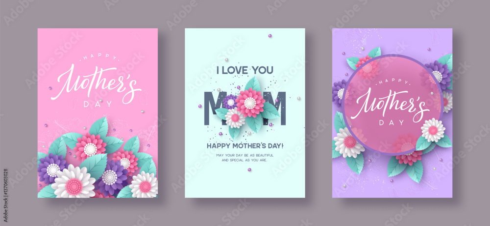 Set of Happy Mothers day typography floral posters, cards. Handwritten calligraphy with 3d paper cut flowers and leaves on purple background. Vector illustration.