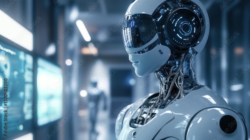 Advanced humanoid robot in a futuristic laboratory setting. Cutting-edge technology and artificial intelligence. Advanced humanoid robot in a futuristic laboratory setting. Cutting-edge technology and artificial intelligence.